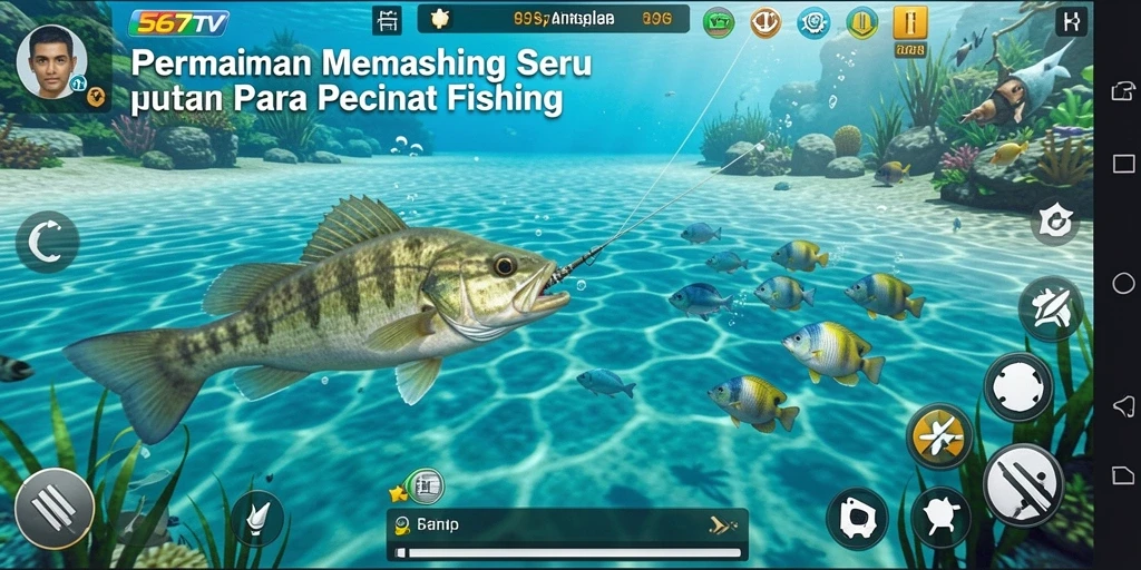Tampilan gameplay seru dengan aksi memancing yang menegangkan.