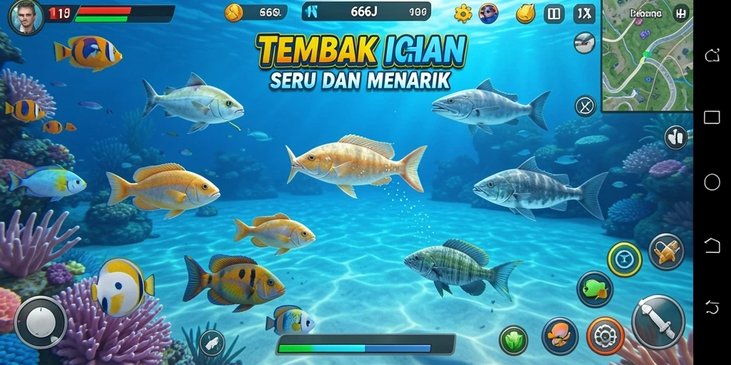 Screenshot gameplay 666J menampilkan aksi tembak ikan yang seru dan animasi menarik.