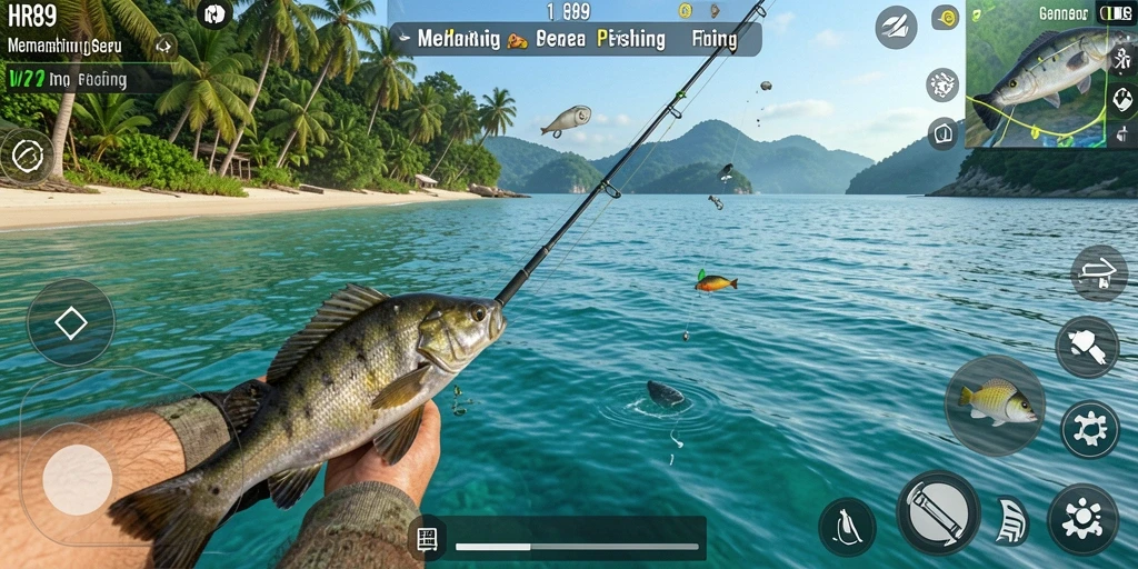 Screenshot utama dari HR89 menampilkan aksi seru memancing ikan.
