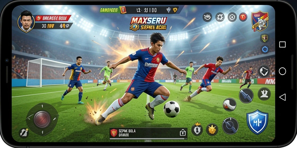 Gameplay seru dalam <strong>MAXSERU</strong> menunjukkan momen aksi sepak bola yang mendebarkan.