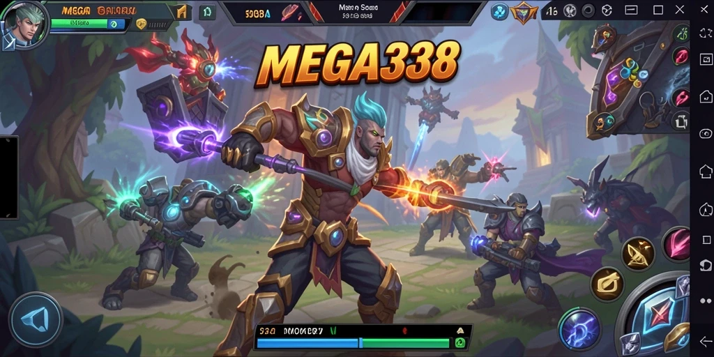 Screenshot gameplay MEGA338 dengan pertarungan seru di arena MOBA.