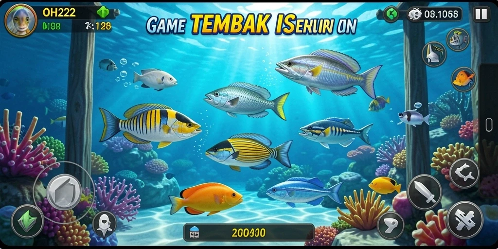 Tampilan screenshot utama OH222 menunjukkan pemain menembak ikan yang berwarna-warni.