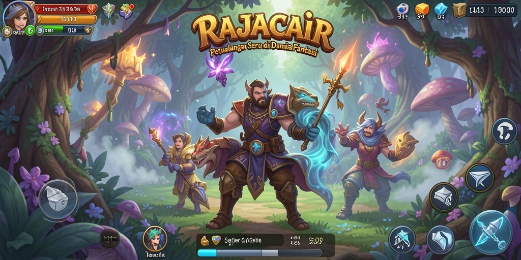 Screenshot menunjukkan karakter menjelajahi hutan lebat dalam RAJACAIR.