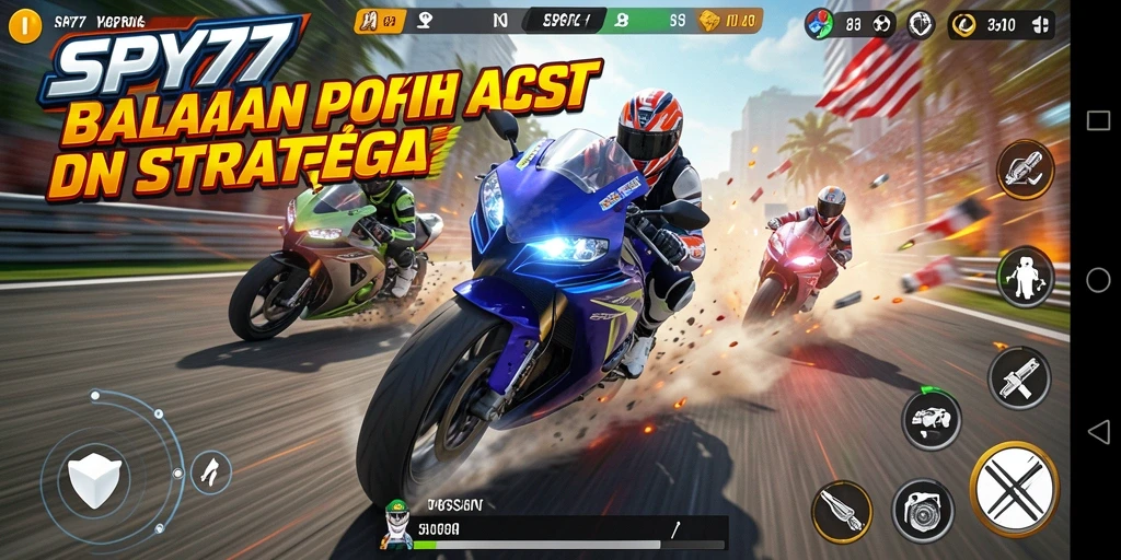 Screenshot aksi balapan motor di SPY77 yang mendebarkan.