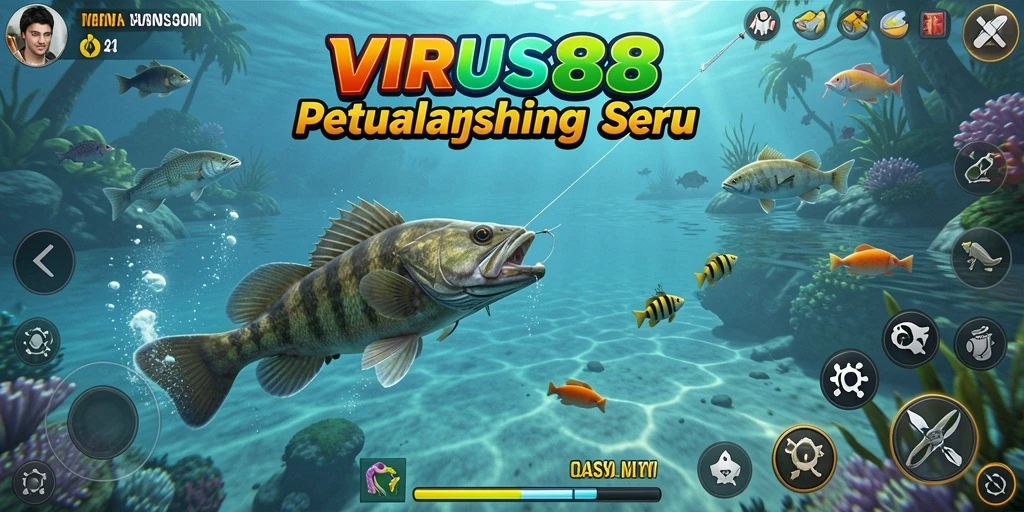 Screenshot gameplay VIRUS88 menampilkan momen seru saat memancing.